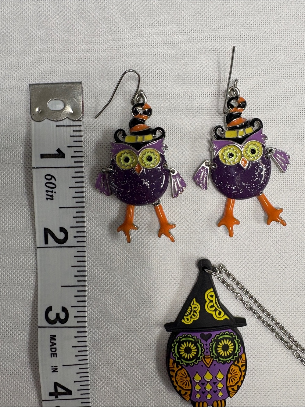 Purple & Orange Owl Halloween Earrings and Necklace Day of the dead - Picture 3 of 8